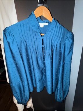 Veronica Beard Teal Satin Pintuck Blouse with Ruffled Collar